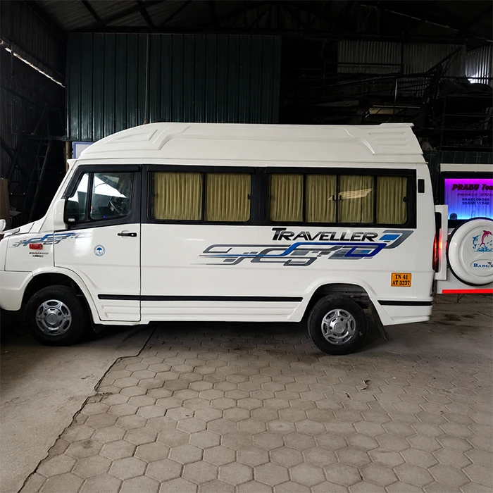 Side view of an 18 seater tempo traveller available for outstation trips in Coimbatore